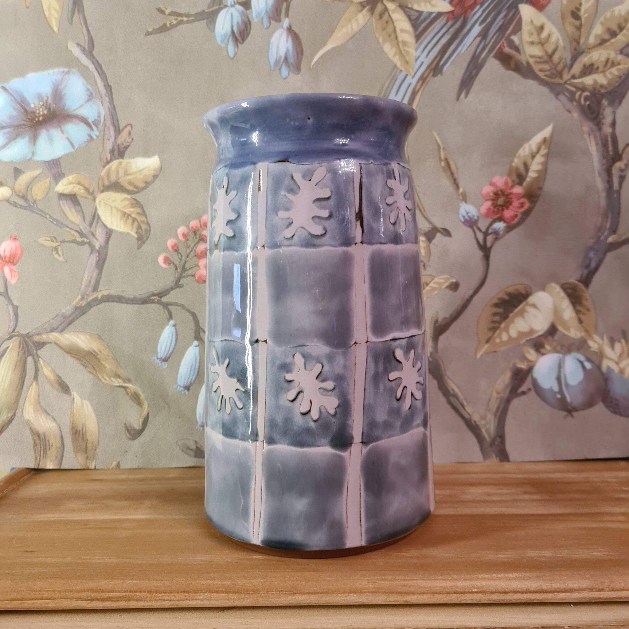 Original vase signed in blue purple glazed terracotta with pink motifs
