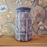 Original vase signed in blue purple glazed terracotta with pink motifs