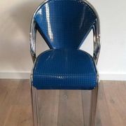 Set of 4 chrome chairs with perforated seats in blue lacquered metal