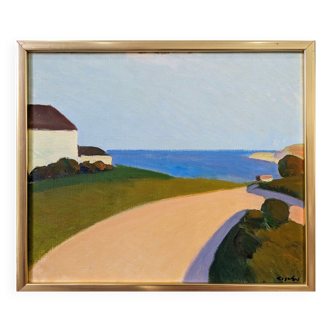 Peinture à l'huile de paysage côtier suédois vintage moderne du milieu du siècle « Chemin vers la mer », encadrée