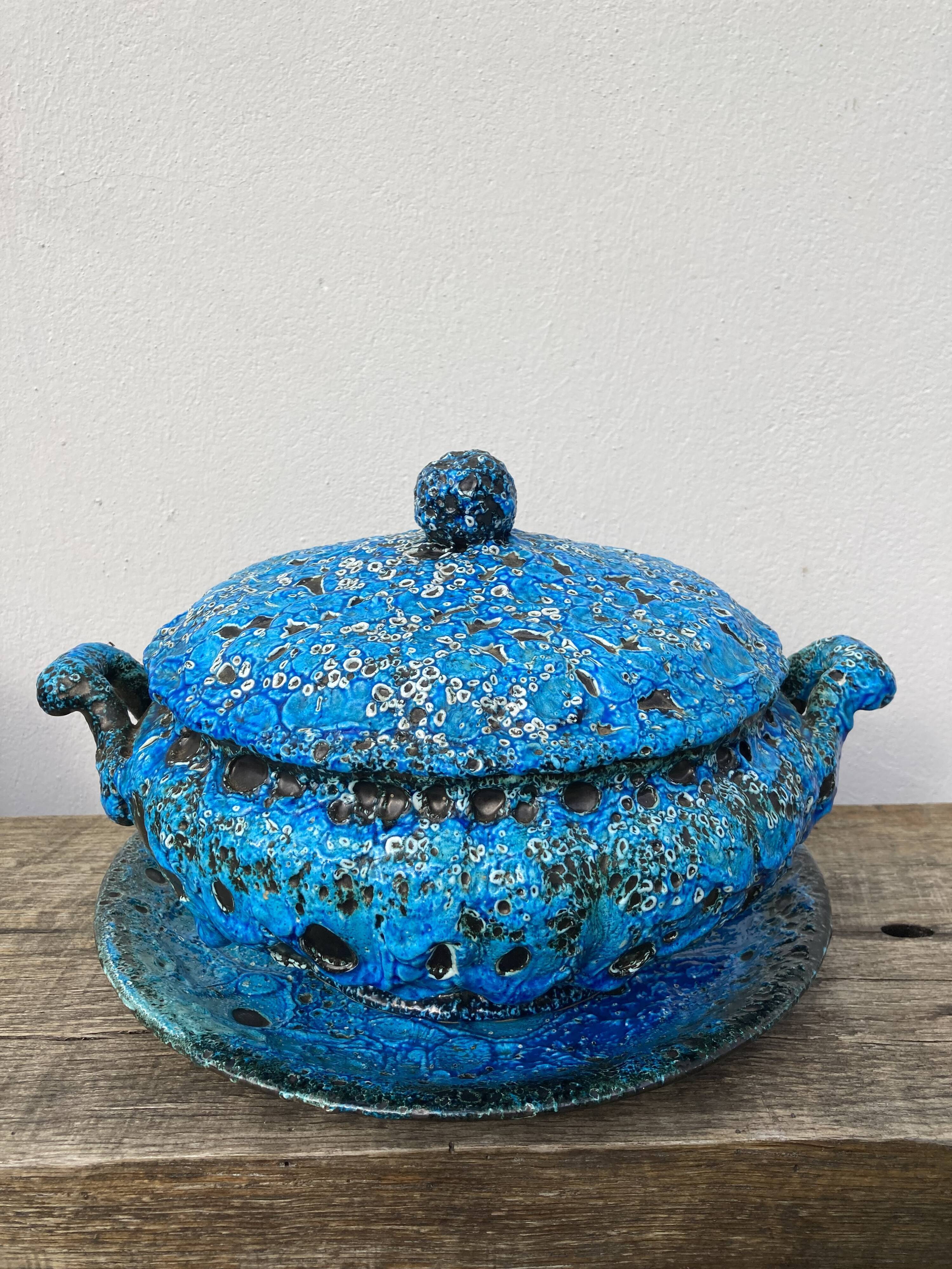 Glacier ennamel tureen vintage turquoise blue 1960 / cyclops varnished earthenware by Charles Cart