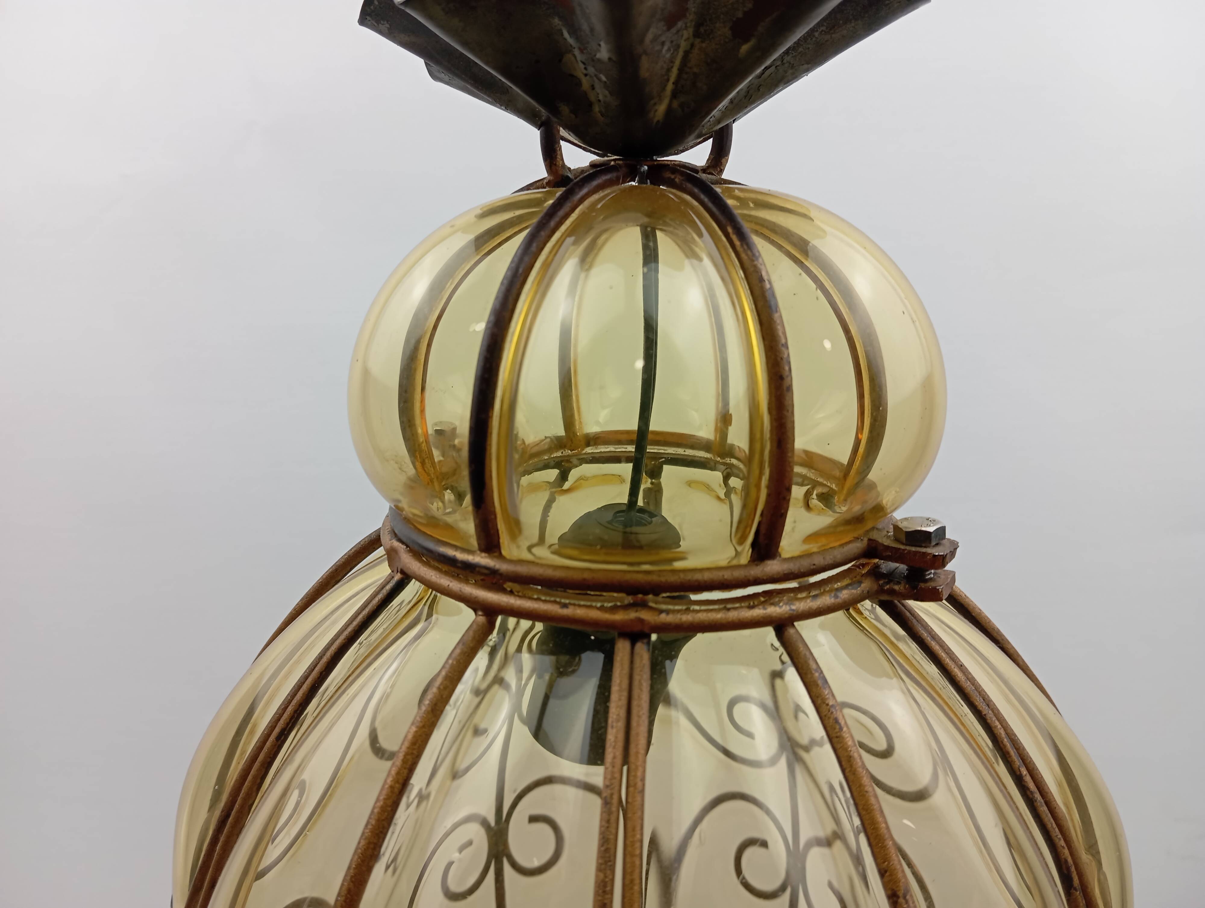 Vintage venetian pendant lamp in caged blown murano glass