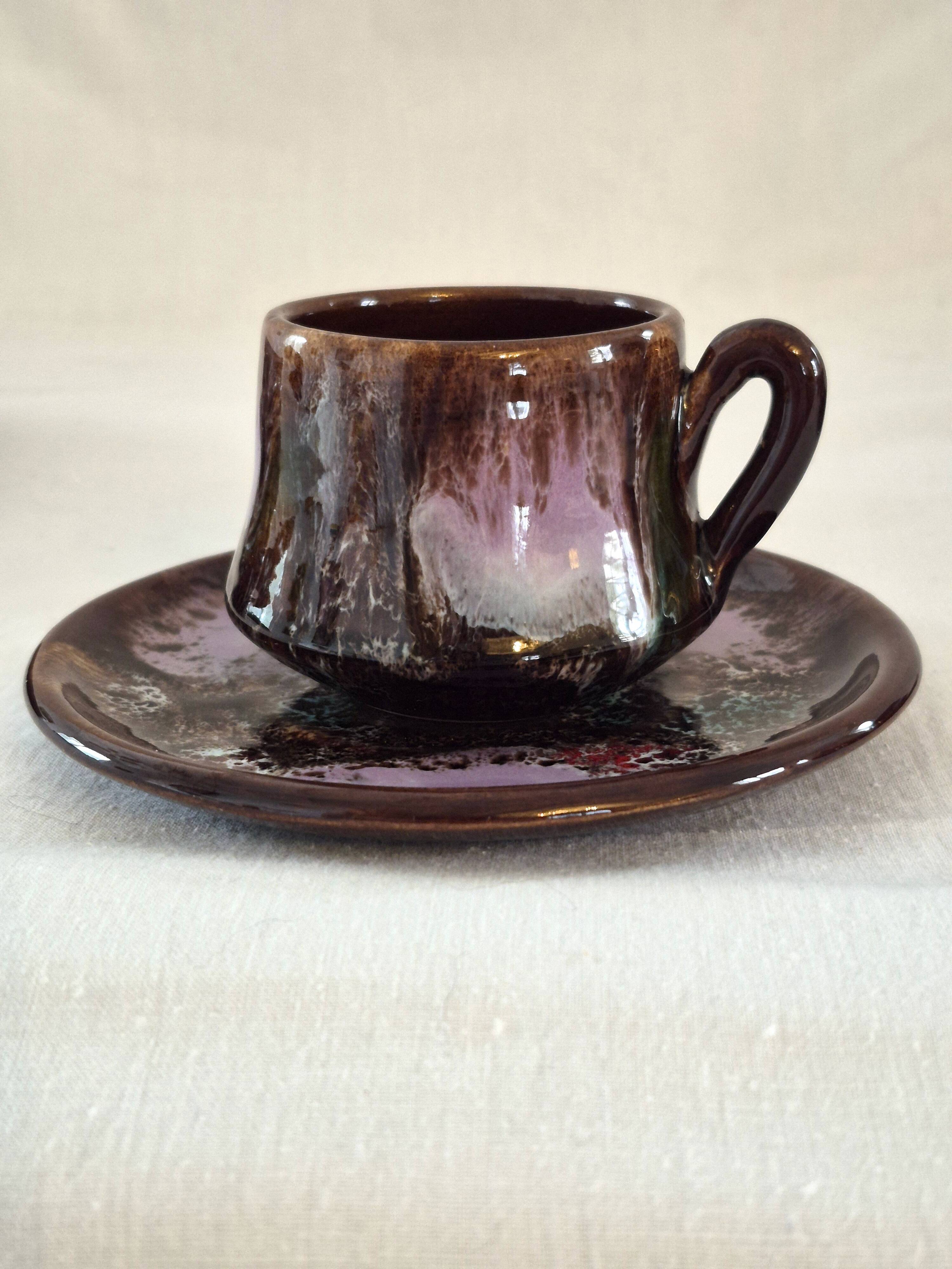 Six cups and saucers Vallauris glazed ceramic in brown and old pink.