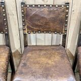 Suite of 4 Louis XIII chairs in oak and leather, early 20th century