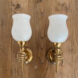 Set of 2 golden, bronze and brass torch wall lights