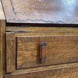 English donkey desk in oak and leather top, 1950s