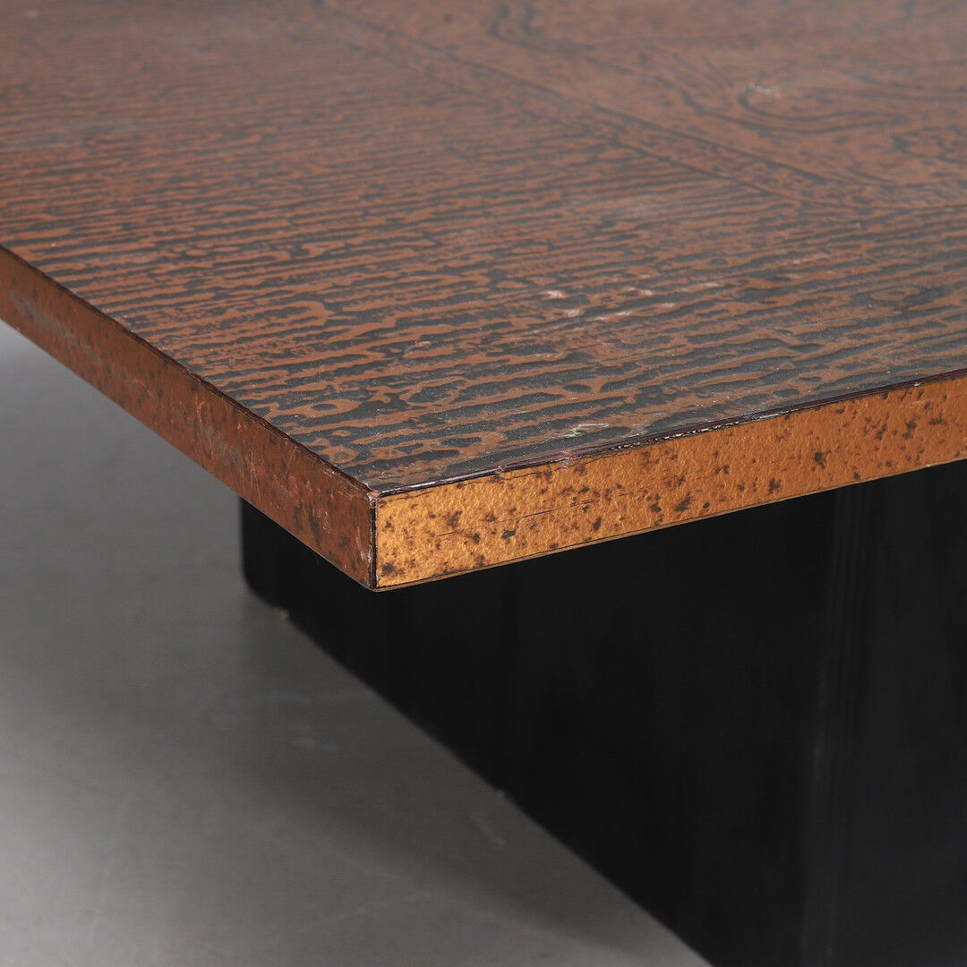 Vintage brutalist coffee table made of wood and copper