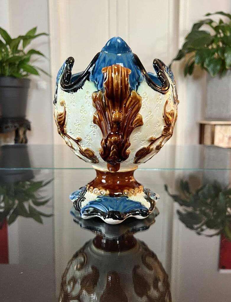 Glazed Earthenware Planter - Barbotine Early 20th Century - Ochre and Blue