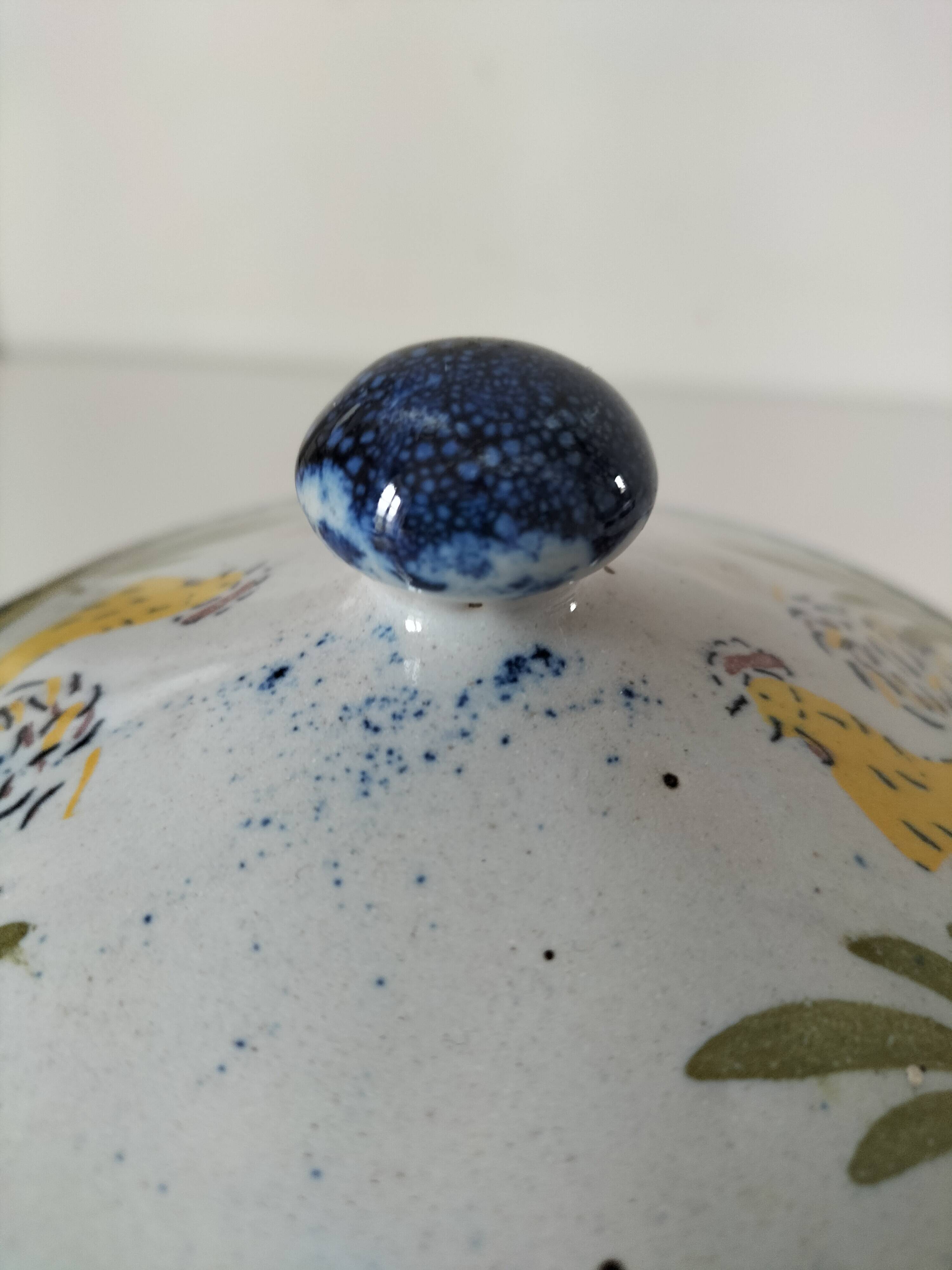 Earthenware bowl with lid from Charolles, village decoration.