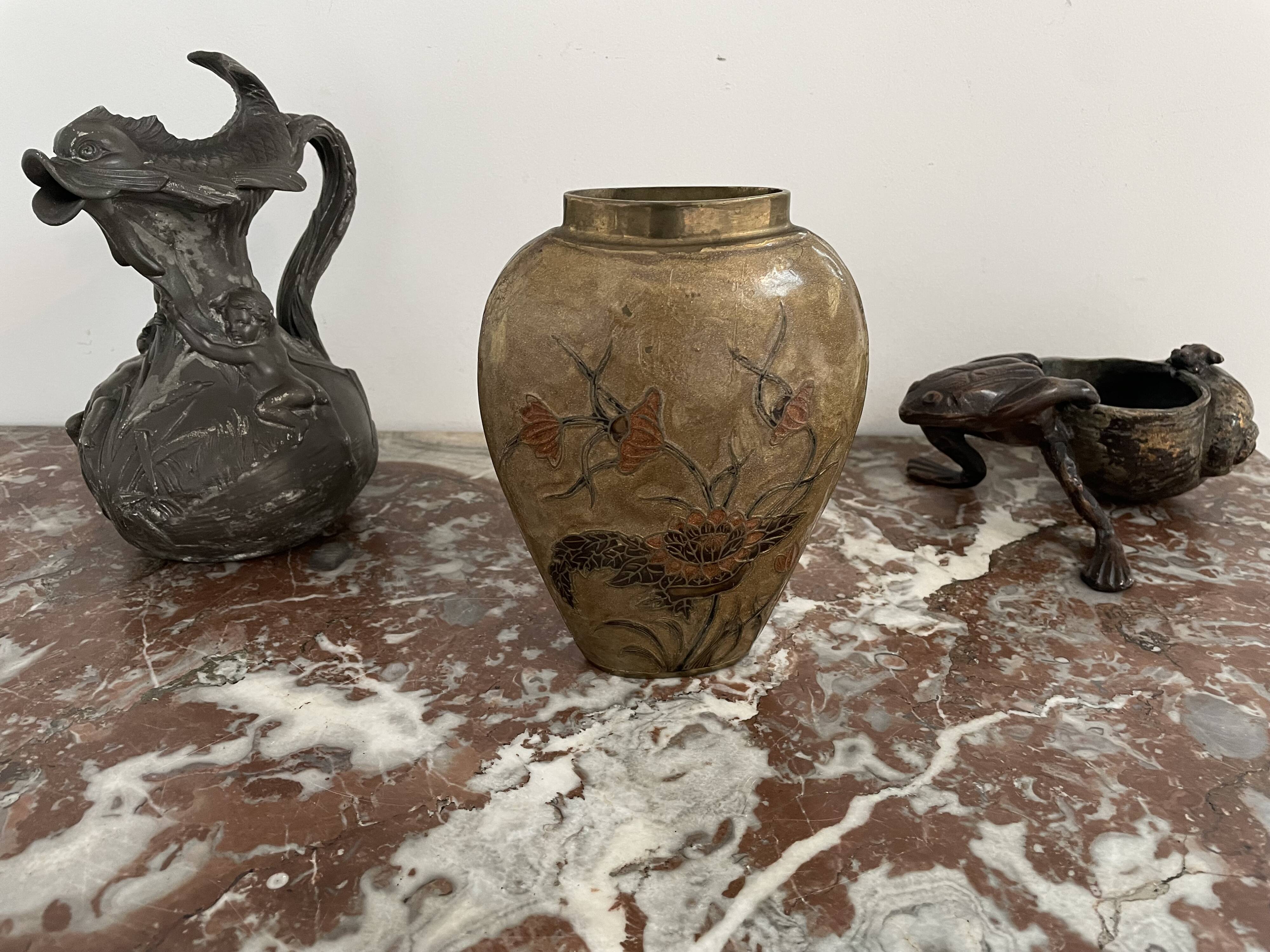 Vase, oblong shape, solid brass, bronze color, cloisonné enamel, floral decoration, flower, orange