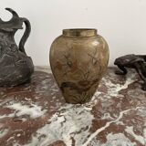 Vase, oblong shape, solid brass, bronze color, cloisonné enamel, floral decoration, flower, orange