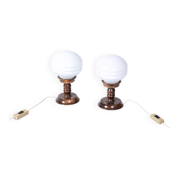 Art Deco Table Lamps in Beech and Opal Glass, Czech, 1930s, Set of 2