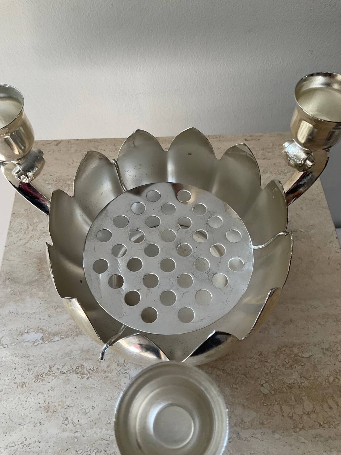 Lotus candle holder vintage spade flowers 3 lights silver metal
