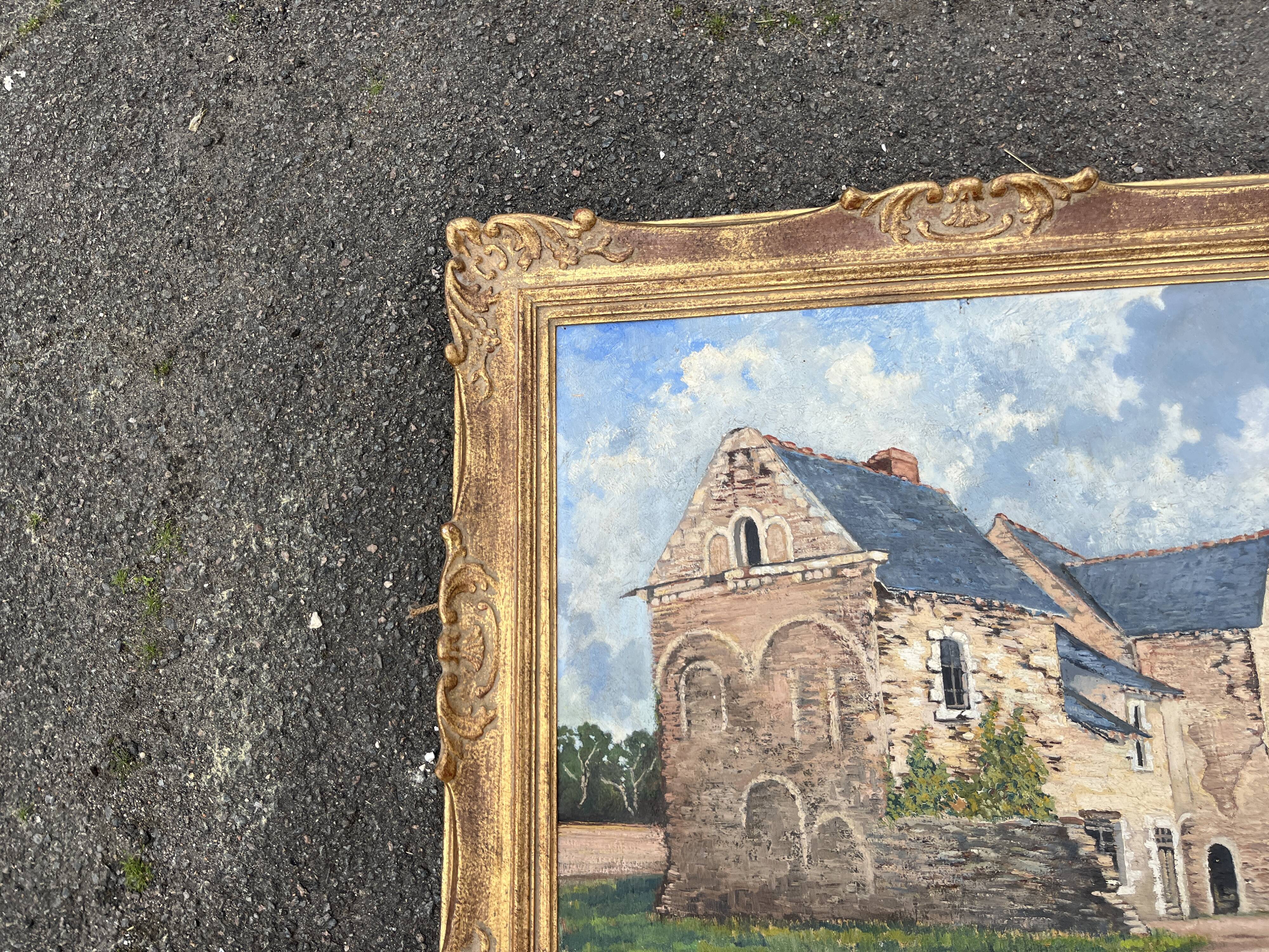 Oil painting of a Breton manor signed M. Garnier in a gilded frame - Antique