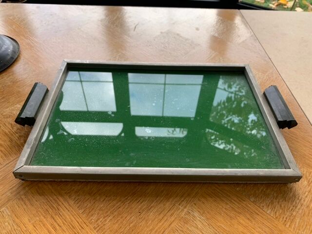 Art deco wood and glass tray, handles in Bakelite