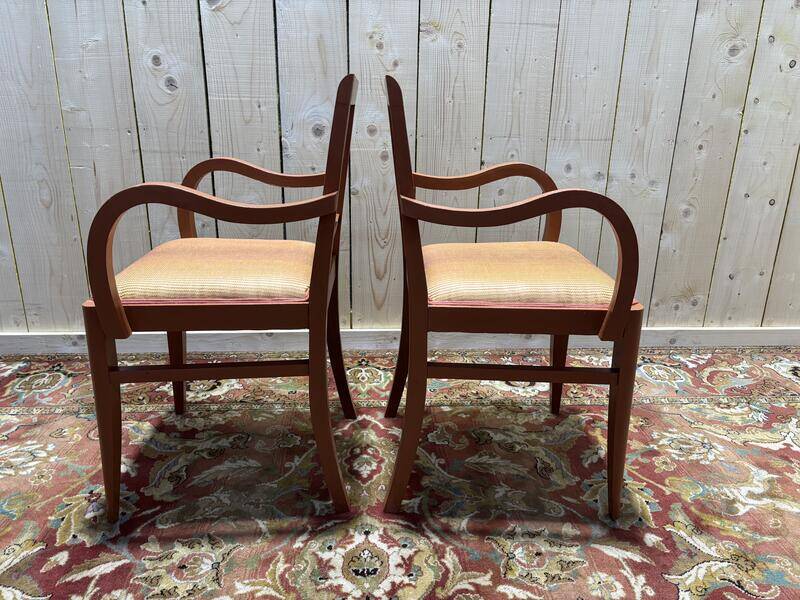 Paire de fauteuils bridge en tissu rayé terracotta