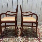 Paire de fauteuils bridge en tissu rayé terracotta