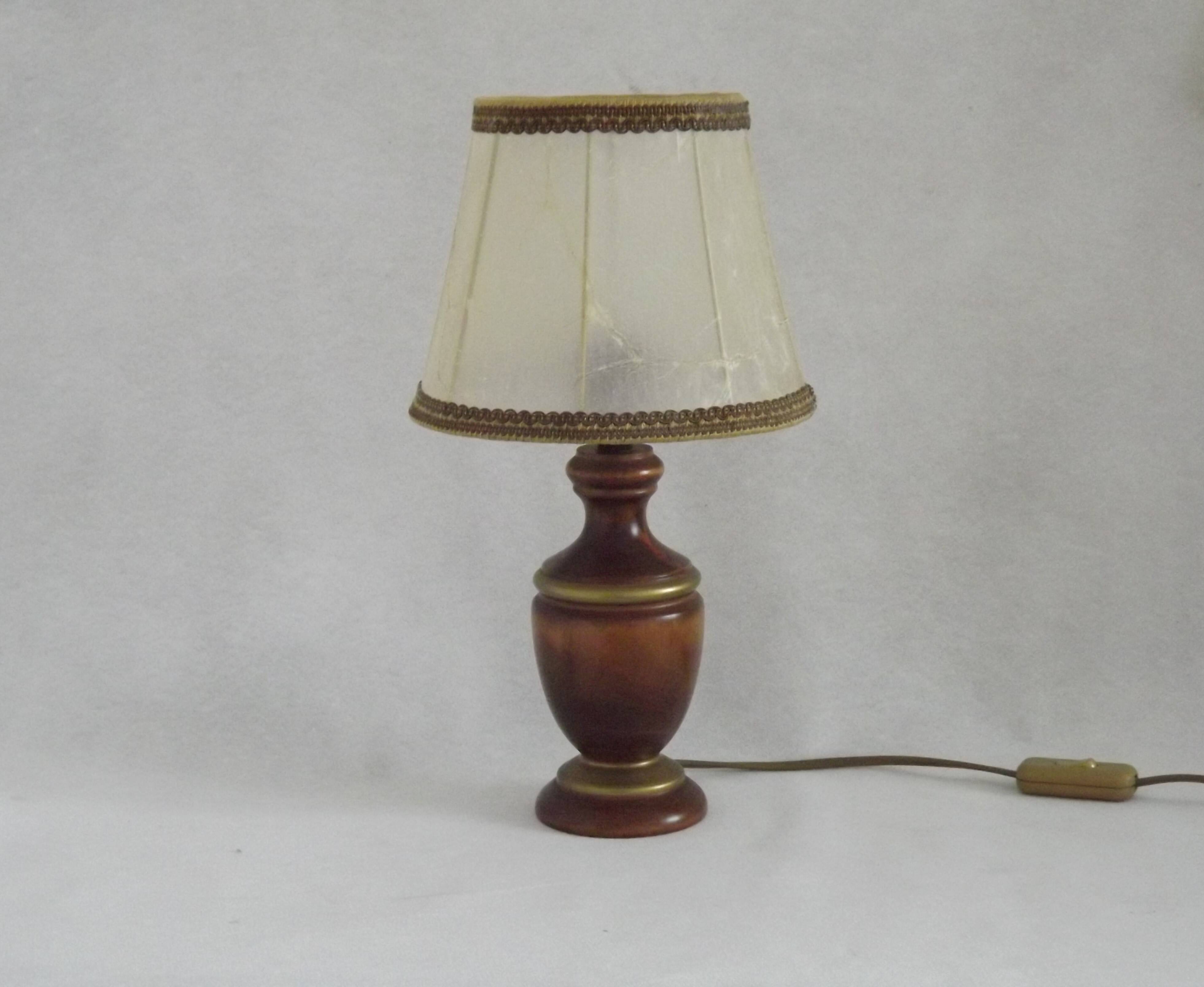 French Mid-Century Round Turned Wood Table Lamp with Hide Skin Shade
