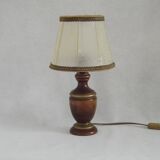 French Mid-Century Round Turned Wood Table Lamp with Hide Skin Shade