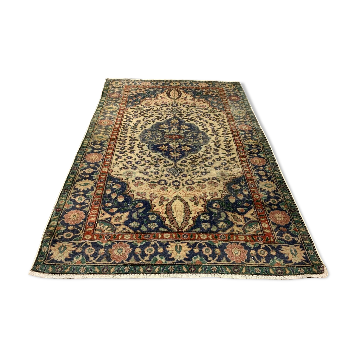 Distressed Turkish Rug 179x120 cm wool Vintage shabby Chic Tribal Blue, Beige