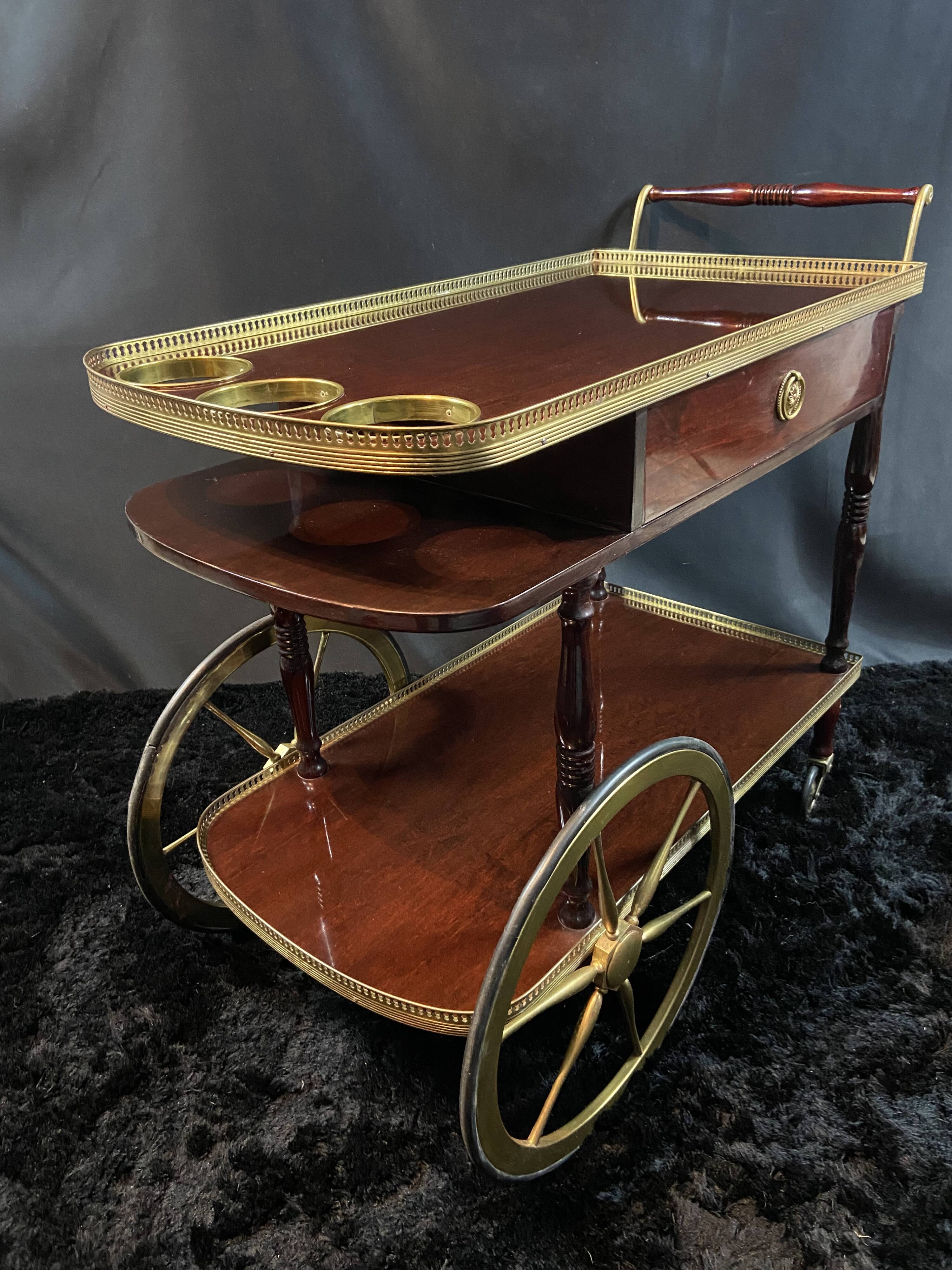 Rolling bar cart, bar trolley, bar rolling in varnished mahogany and brass