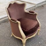 Fauteuil cabriolet Louis XV en bois massif beige et tissu velours marron