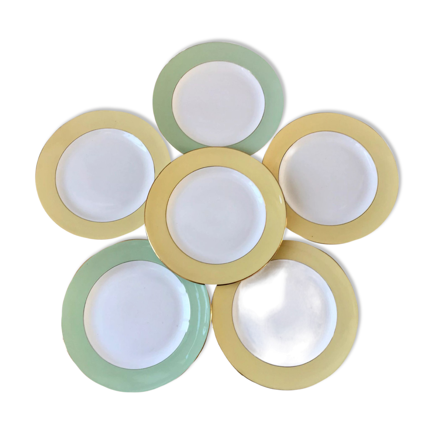 Set of 4 flat plates Saint-Amand pastel yellow and almond green 60s