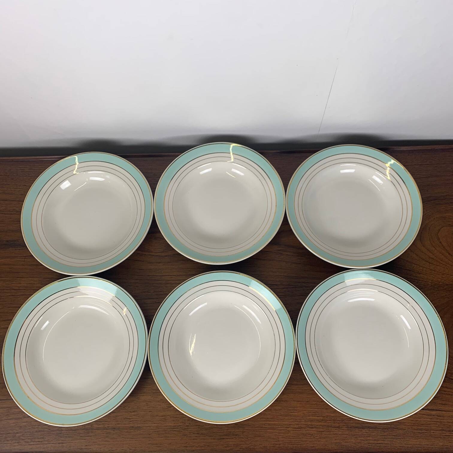 Set of 6 Lunéville soup plates, "Régence" model, water green and 4 lines