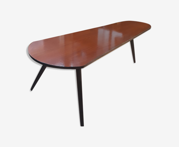 table basse tripode vintage 1960a 70s pieds fuseau faux bois vernis  h40x112x45cm | Selency