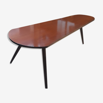 table basse tripode vintage 1960a 70s pieds fuseau faux bois vernis h40x112x45cm