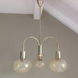Three-globe brass chandelier in amber/vintage glass 60s-70s
