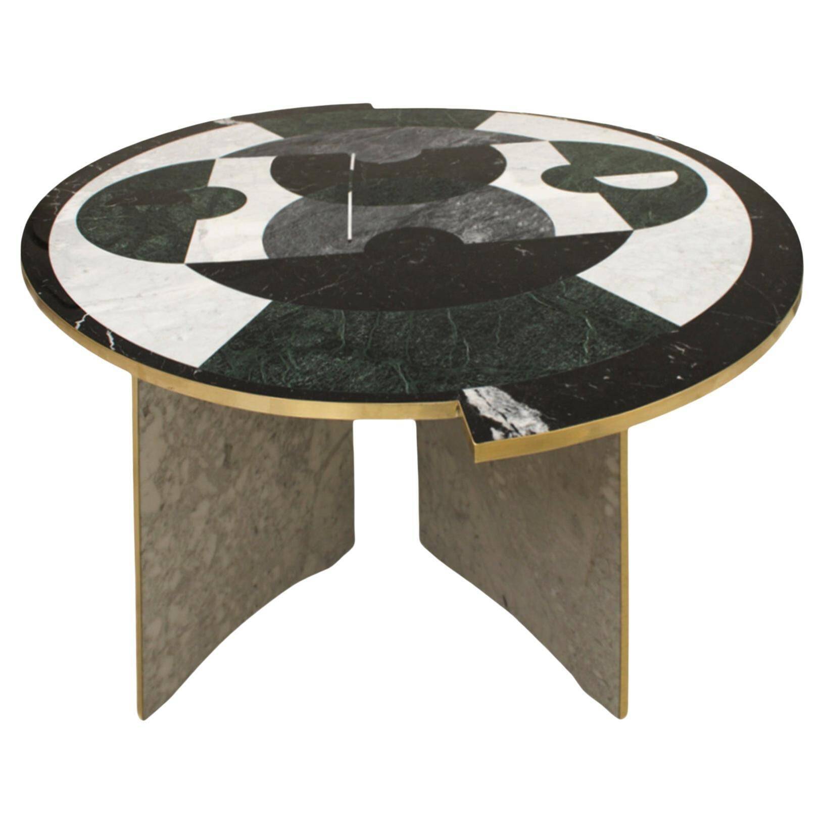 Contemporary Rare Round Italian Table Made of Marble Marquetry Marble and Brass