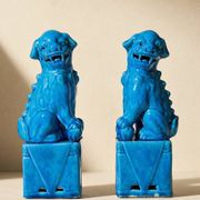 Pair of blue Fô dogs - glazed ceramic - Chinese blue - mid 20th century
