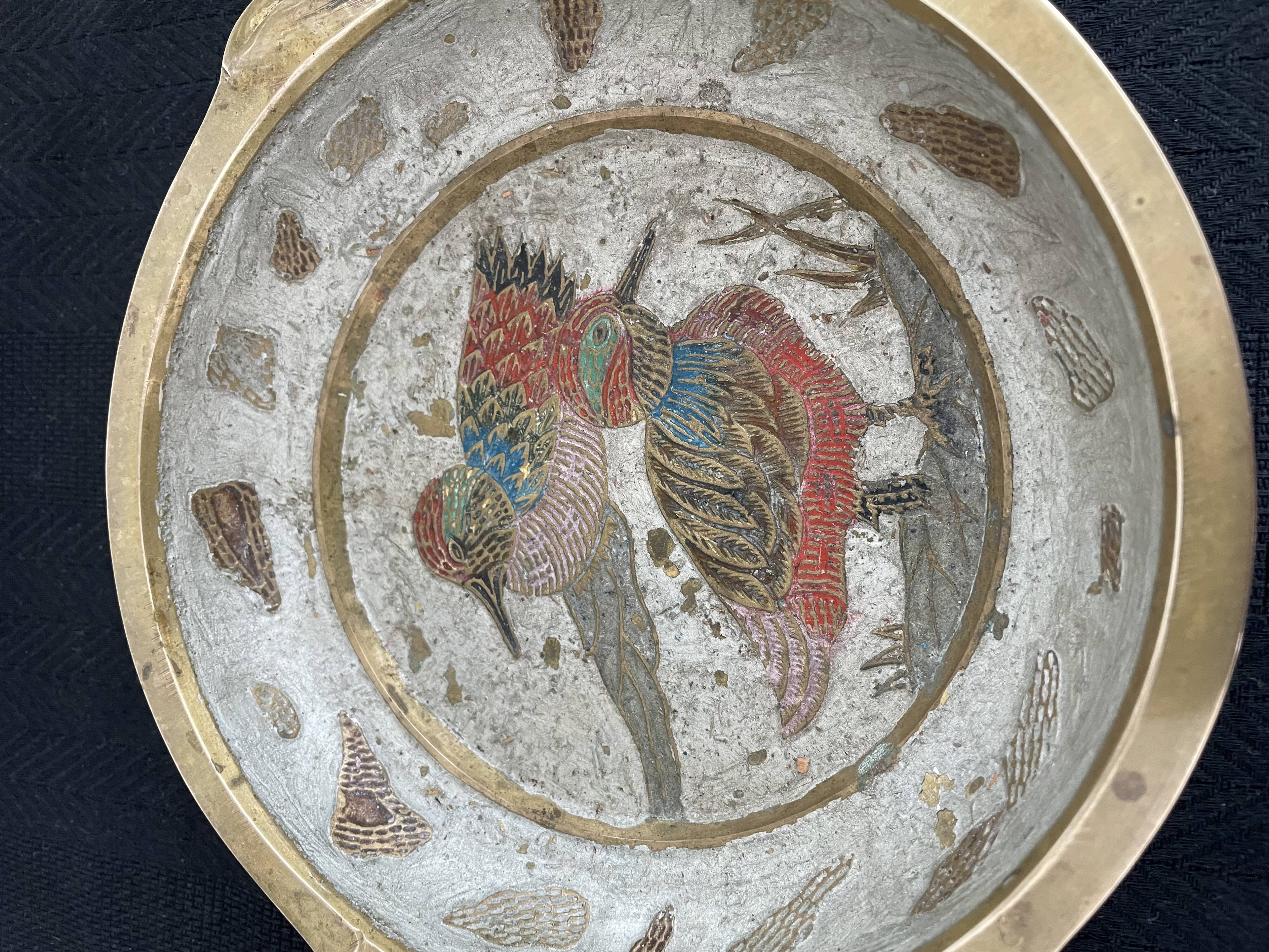 Antique chiseled brass cup - empty pocket - gold - gold color - painted birds - France