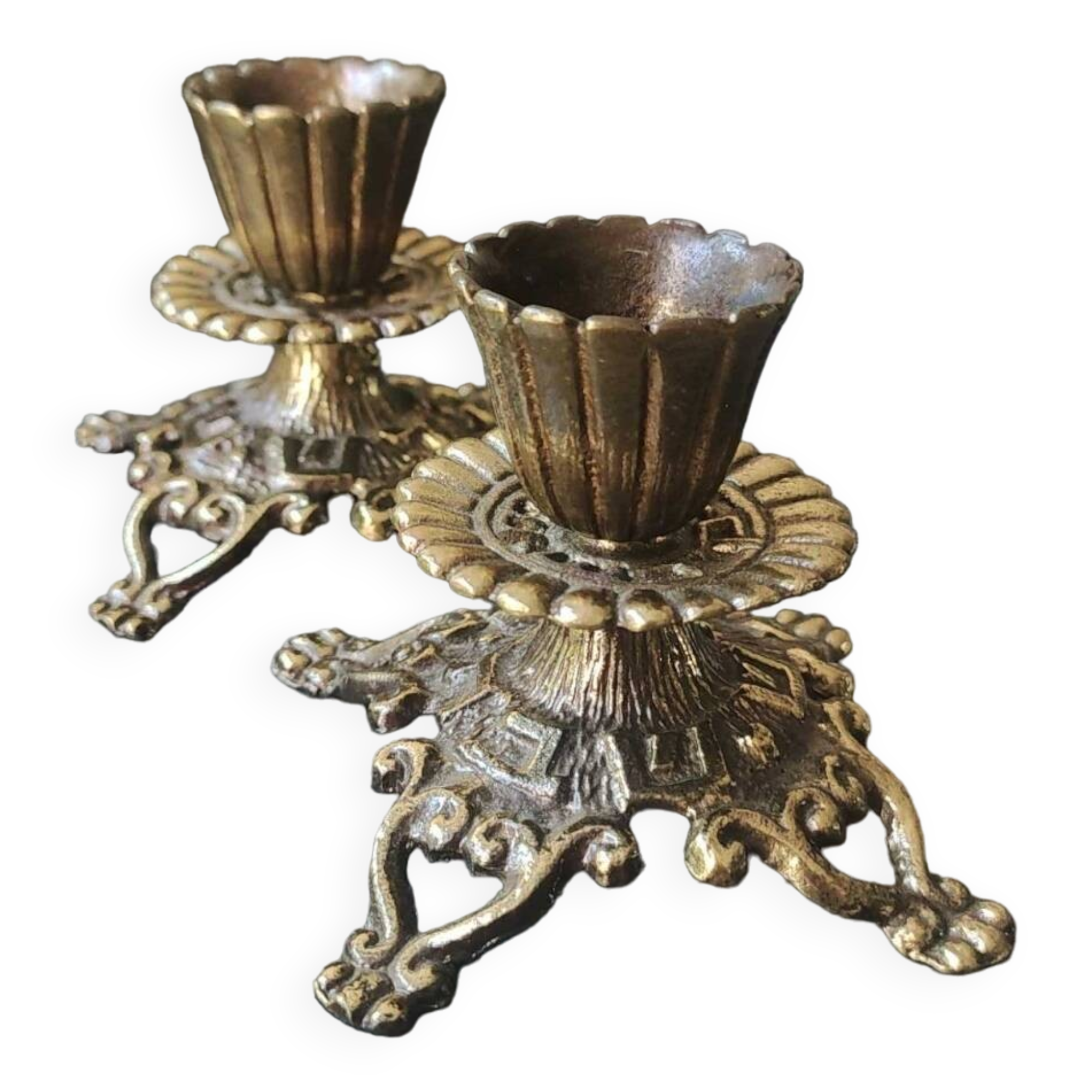 Pair of Jewish/Hebrew Flambeau Candlesticks. Signed Israel. In old gold patinated brass