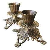 Pair of Jewish/Hebrew Flambeau Candlesticks. Signed Israel. In old gold patinated brass