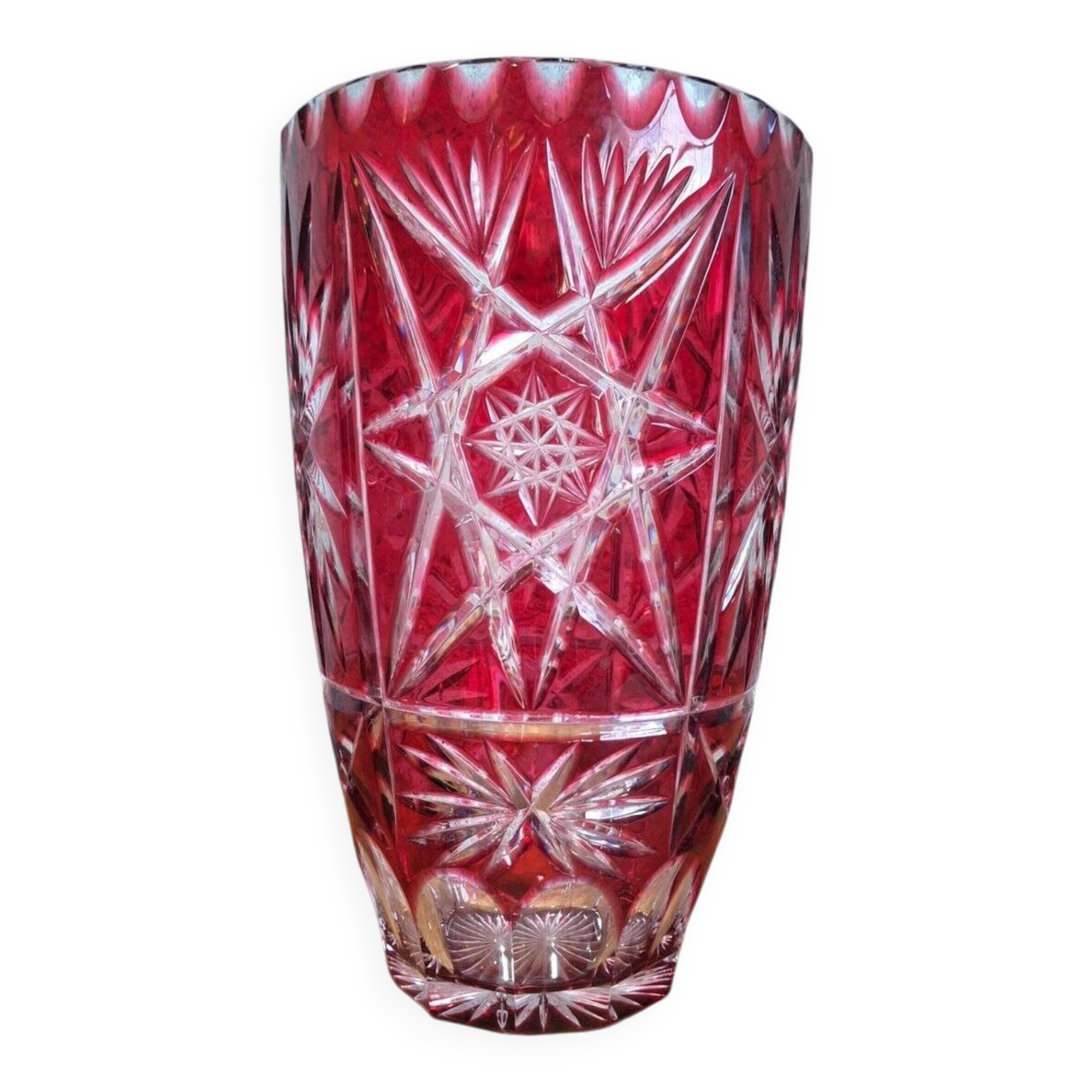 Large ruby red cut crystal vase – Central Europe 1950s