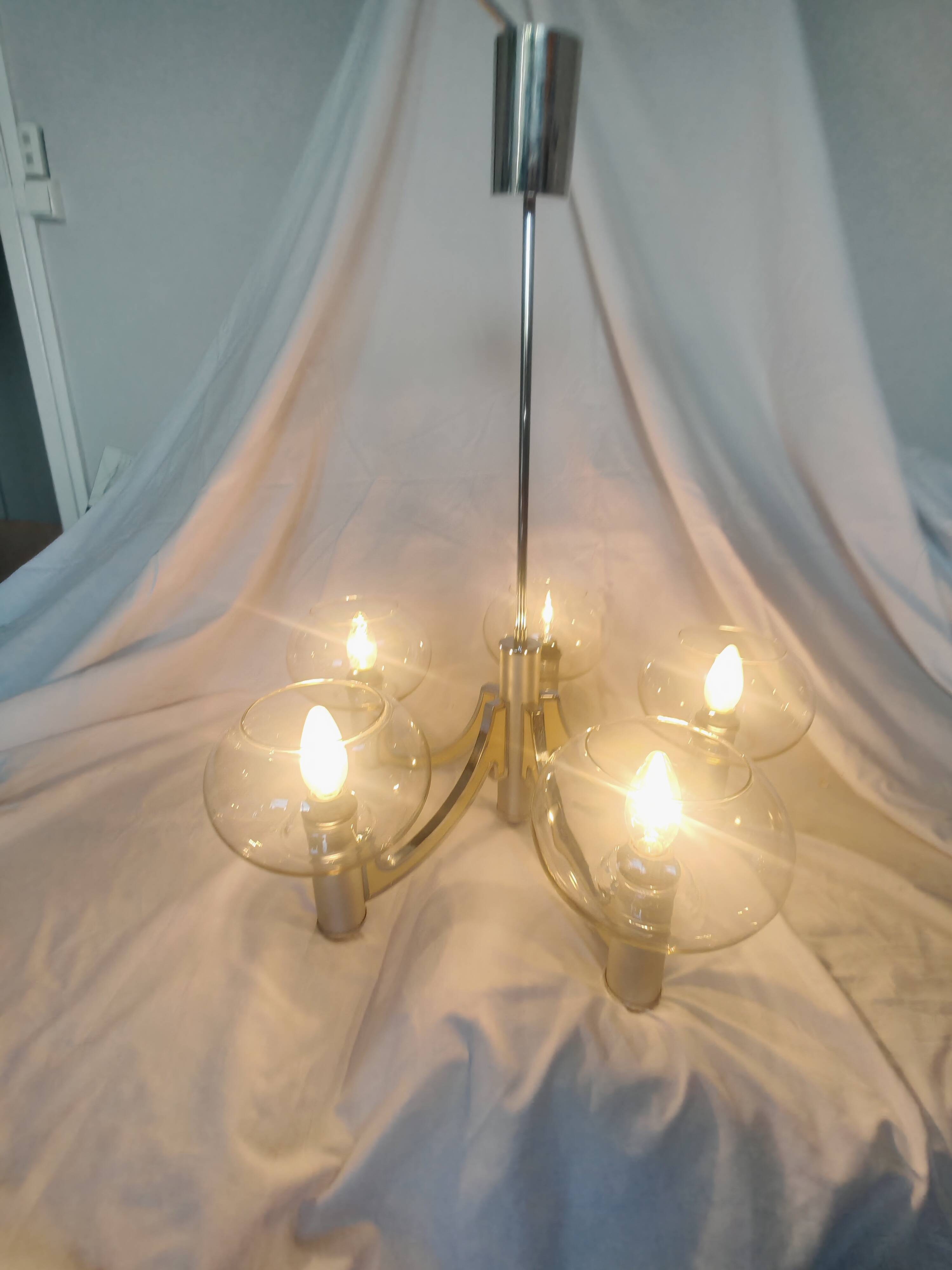 5-branched chandelier by Sciolari, Italy, space age, 1970