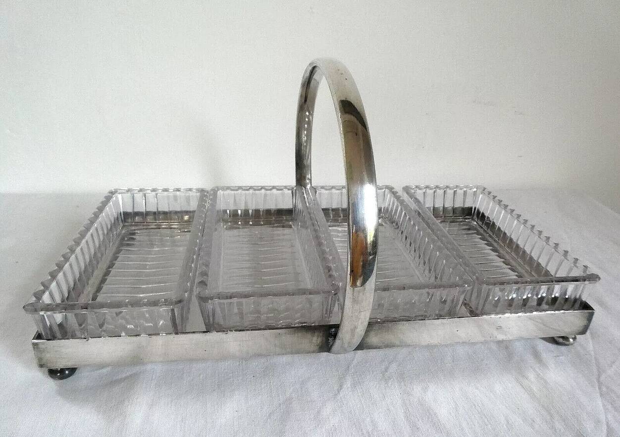 Silver metal aperitif server & 4 art deco glass ramequins/dishes