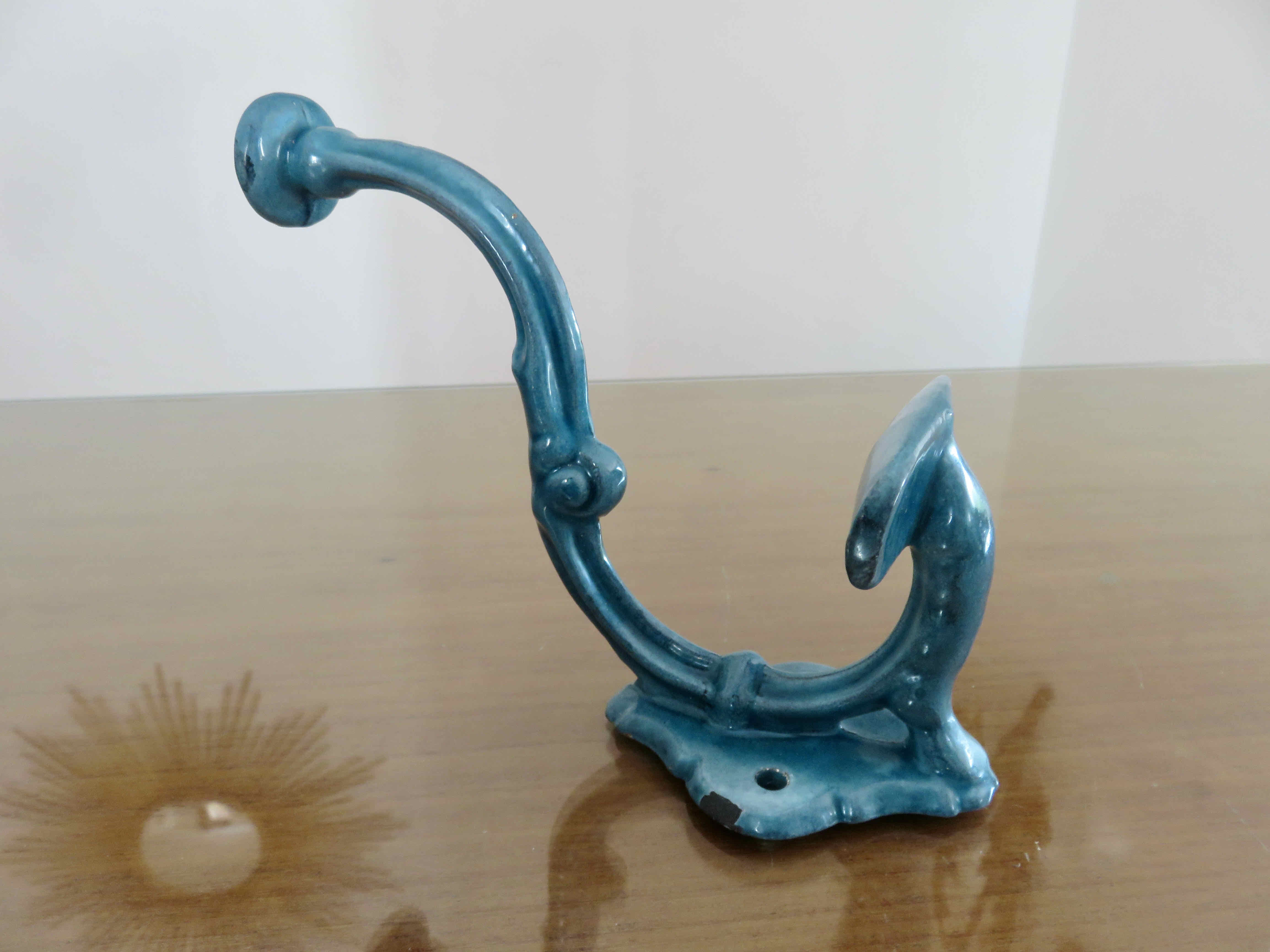 Pair of hooks in blue enamelled cast iron, art deco 30s 40s