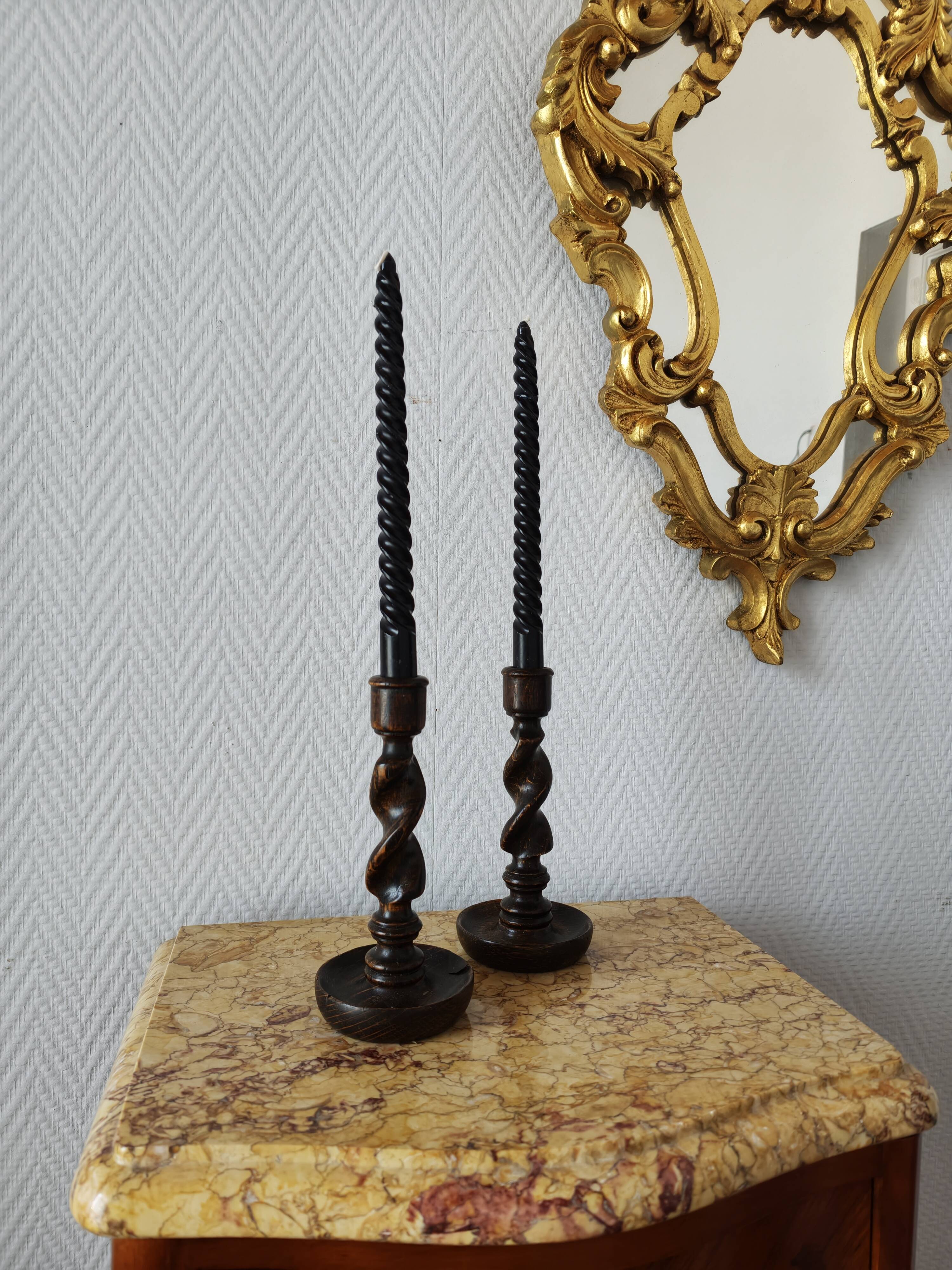 Pair of twisted wood candlesticks (Barley twist)