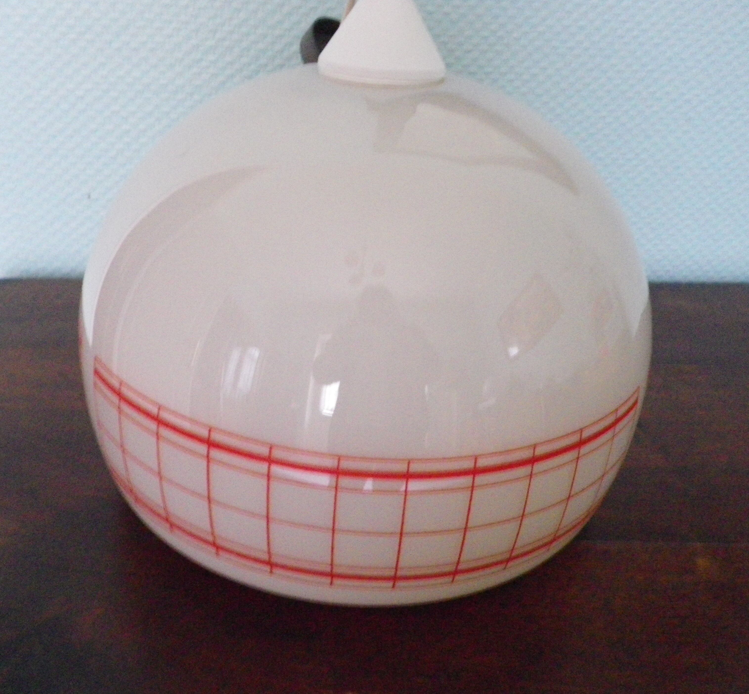 Space age pendant lamp, white opaline with orange silkscreened geometric designs