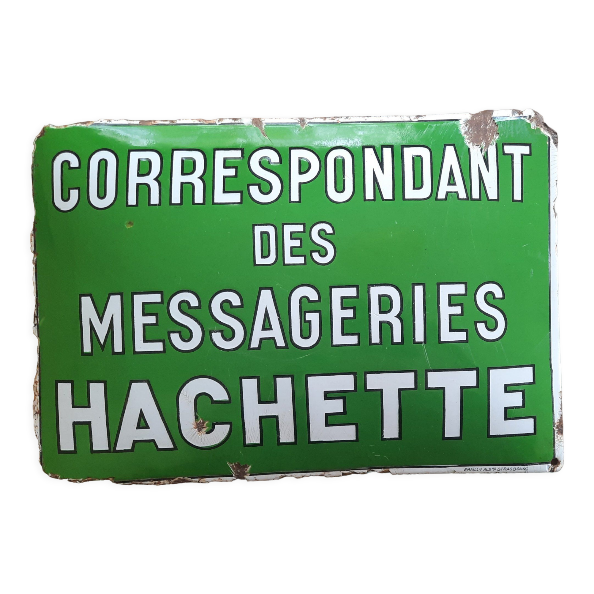 Old enamelled plate "Correspondent of Messageries Hachette" 28x40cm 1930