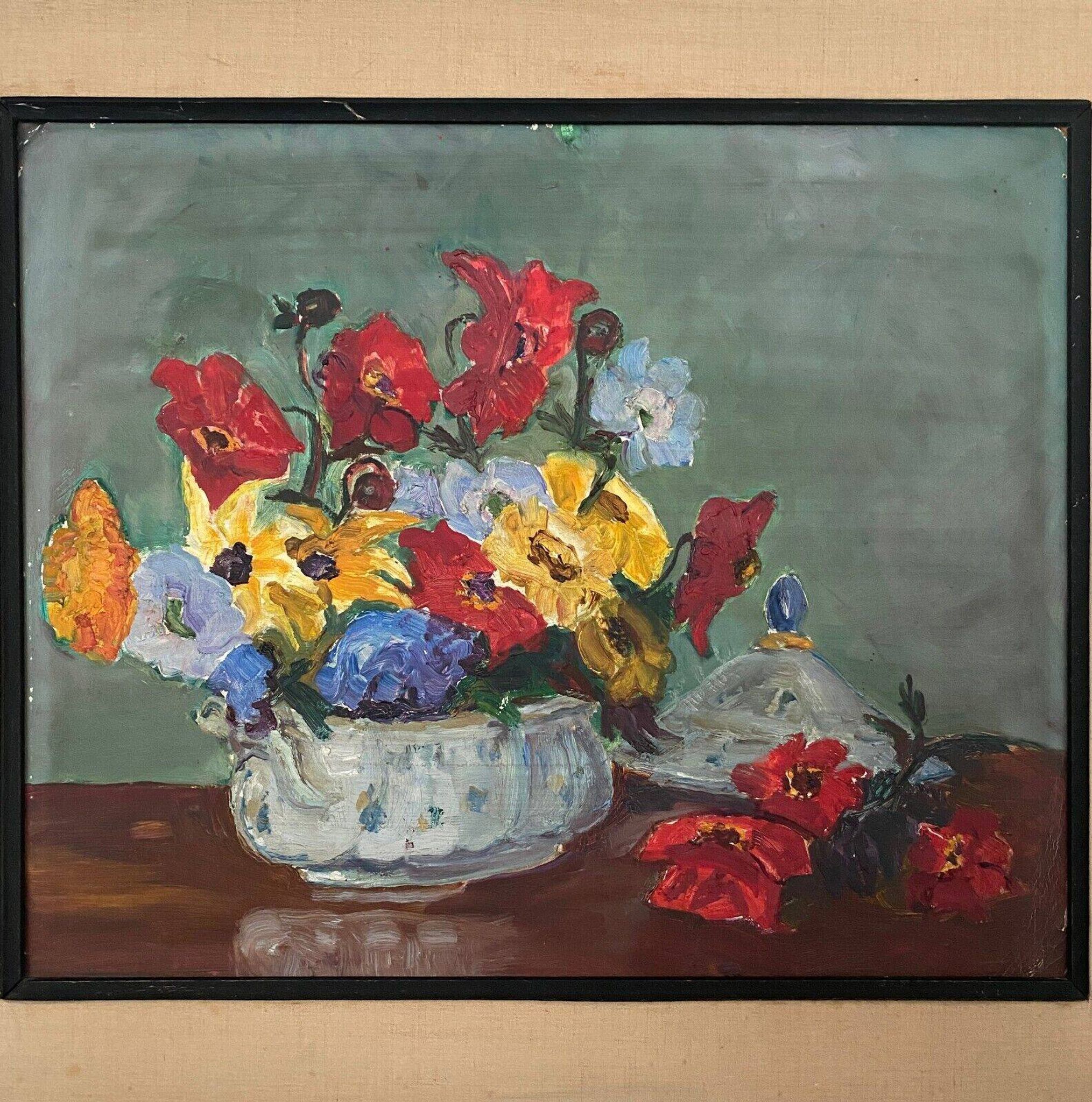 Oil on cardboard still life bouquet of flowers 20th century