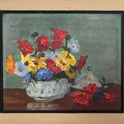 Oil on cardboard still life bouquet of flowers 20th century