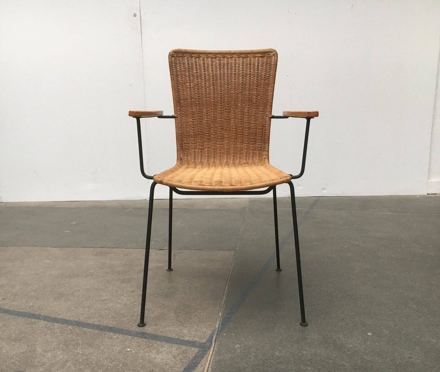 Mid-century metal and rattan dining chairs, set of 3.