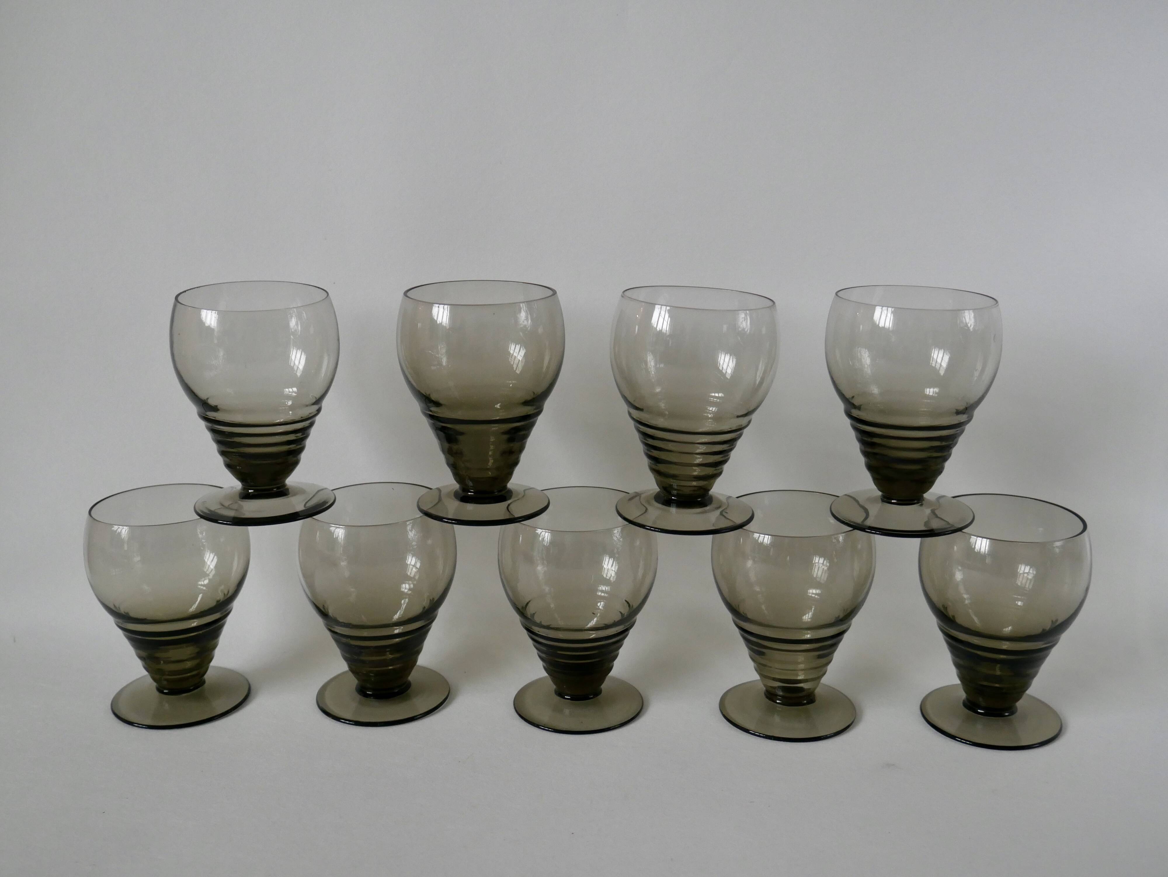 Set of 9 small art deco design liqueur glasses in smoked glass from the 30s and 40s