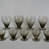 Set of 9 small art deco design liqueur glasses in smoked glass from the 30s and 40s