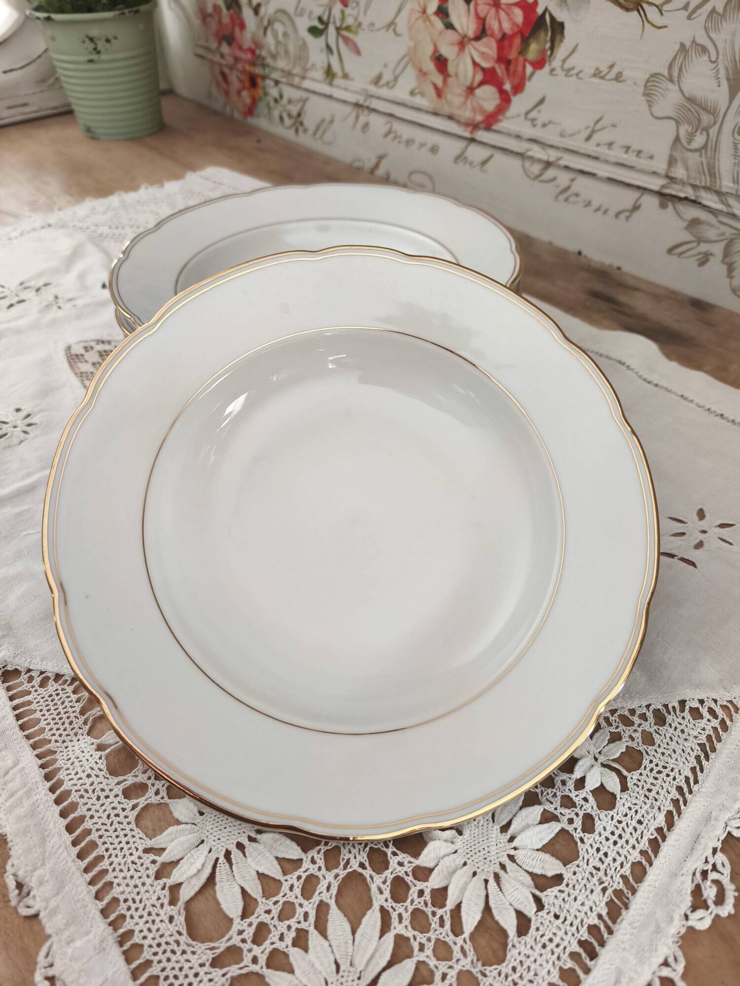 Set of 6 deep plates in fine porcelain from Bohemia with a gold rim.