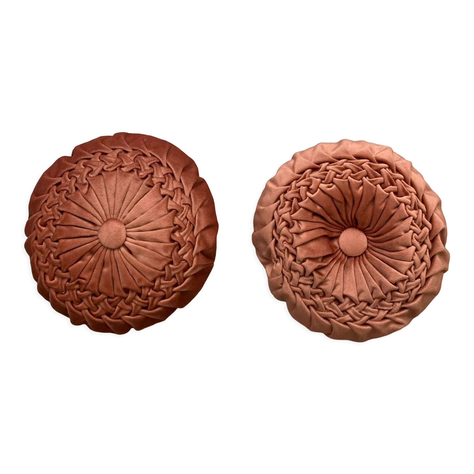 Pair of round vintage pleated velvet cushions